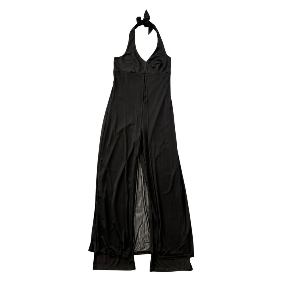 vintage Y2K ENT Black Halter Jumpsuit sheer overlay wide leg large